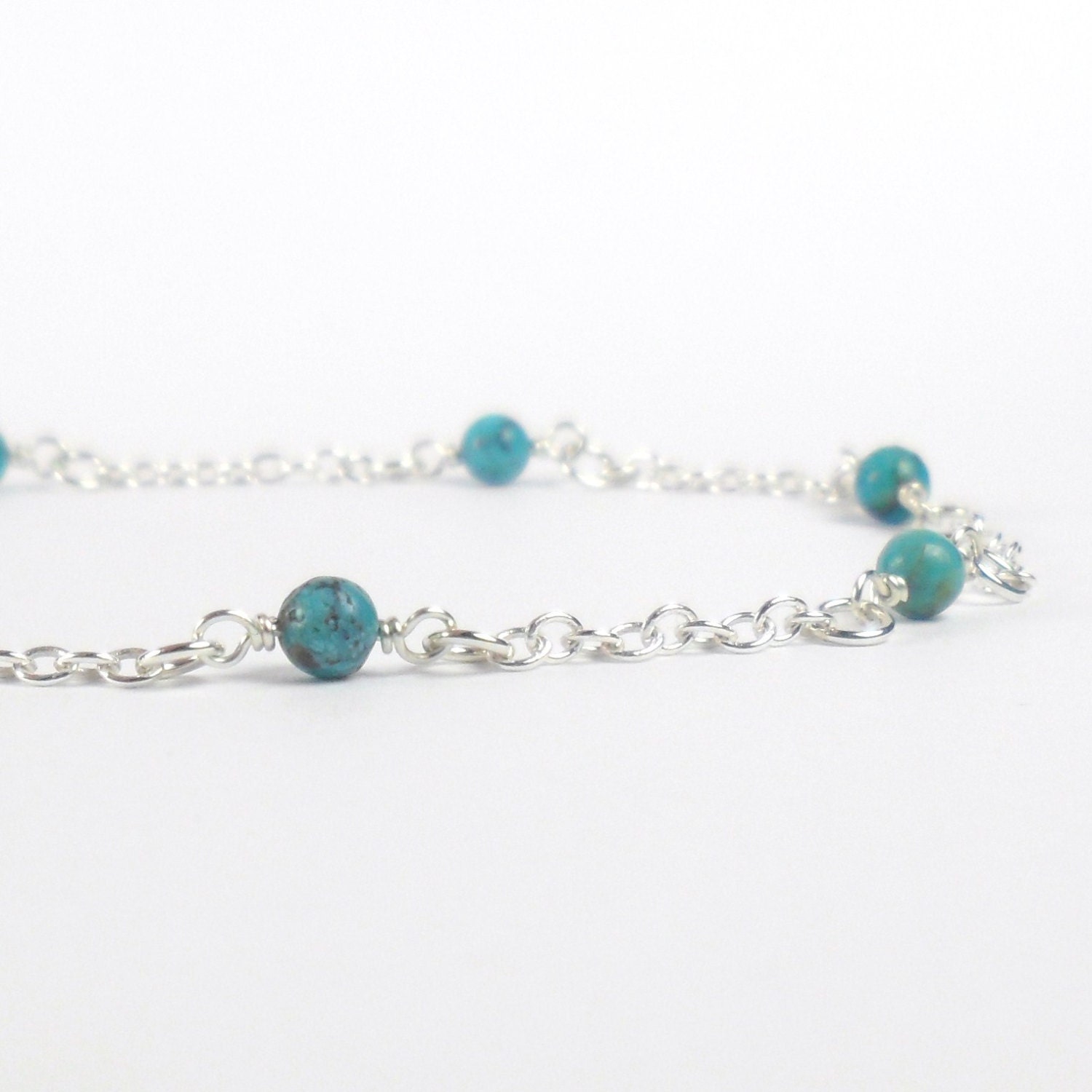 Natural Turquoise Beaded Anklet in Sterling Silver - Summer Jewellery - Semi Precious Jewellery - Minimalist Jewellery - Blue Chain Anklet