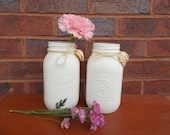 Set of Two Painted Mason Jars Upcycled White Centerpieces Candle Jars Kerr and Mason