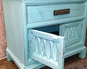 Nightstand Vintage Table Hand Painted Light Aqua Blue Distressed w/ Black Undertones