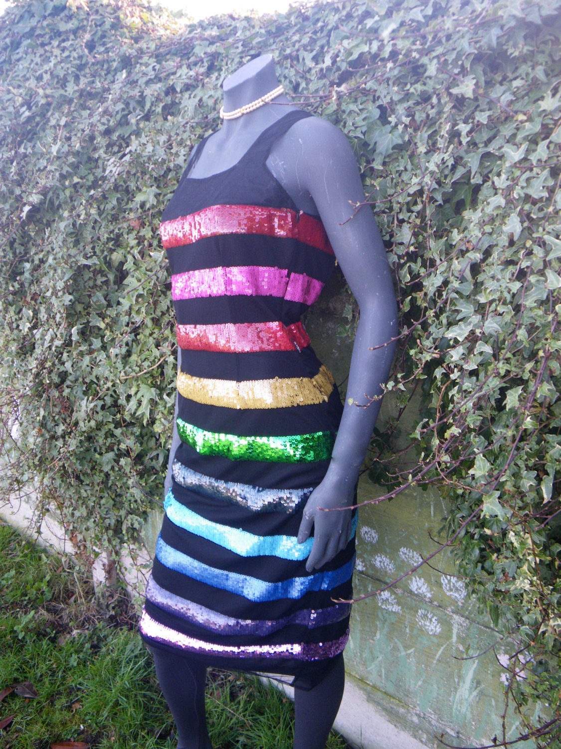 Vintage Black & Rainbow Coloured Sequin Dress Size UK 12 US 8 Eur 40 Womens Ladies Free Shipping