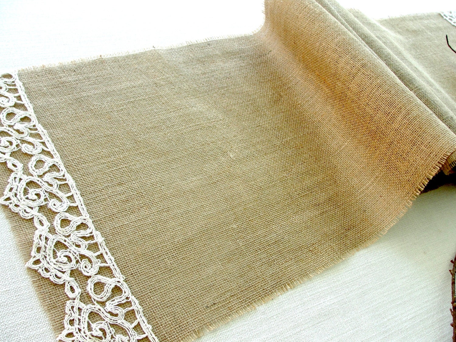 Burlap Table Runner , burlap and lace rustic table runner, country wedding table runner  handmade in the USA, Ready to ship