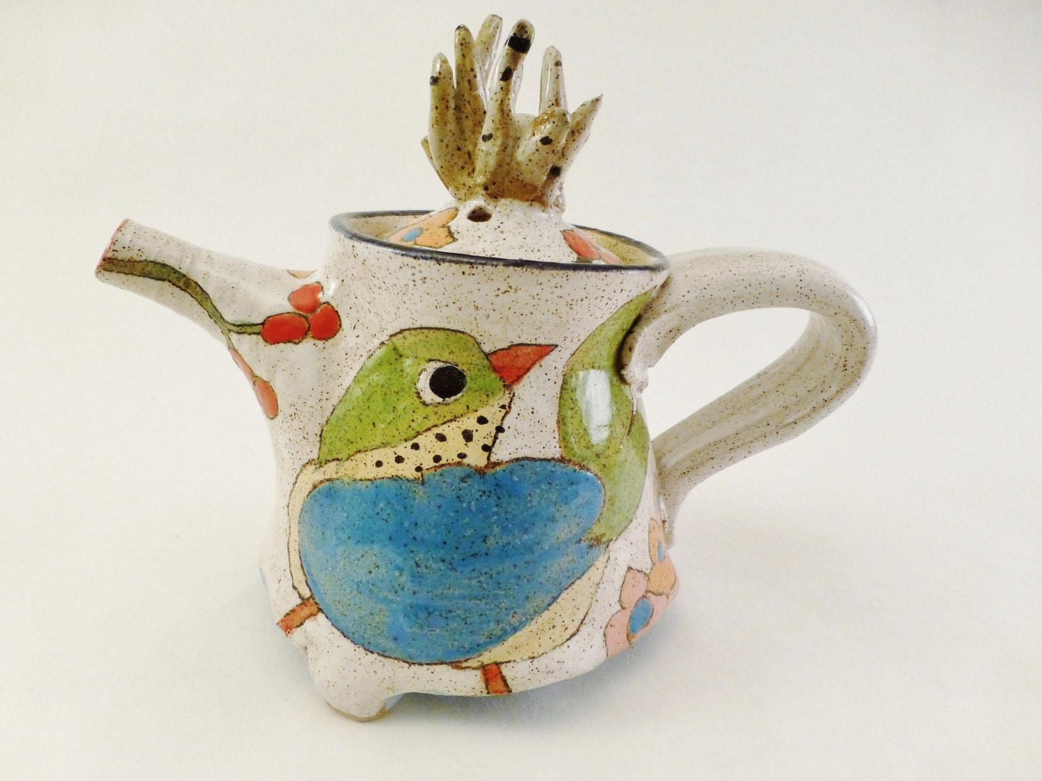 Handpainted 'Flowers, Birds & Berries' Small Stoneware Teapot