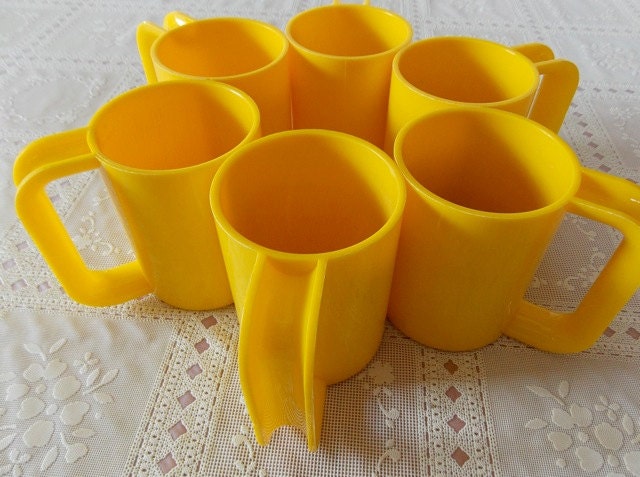 Groovy Yellow, Plastic Stacking Mugs, Retro Kitchen, Mod Decor, 1970s, Set of Six