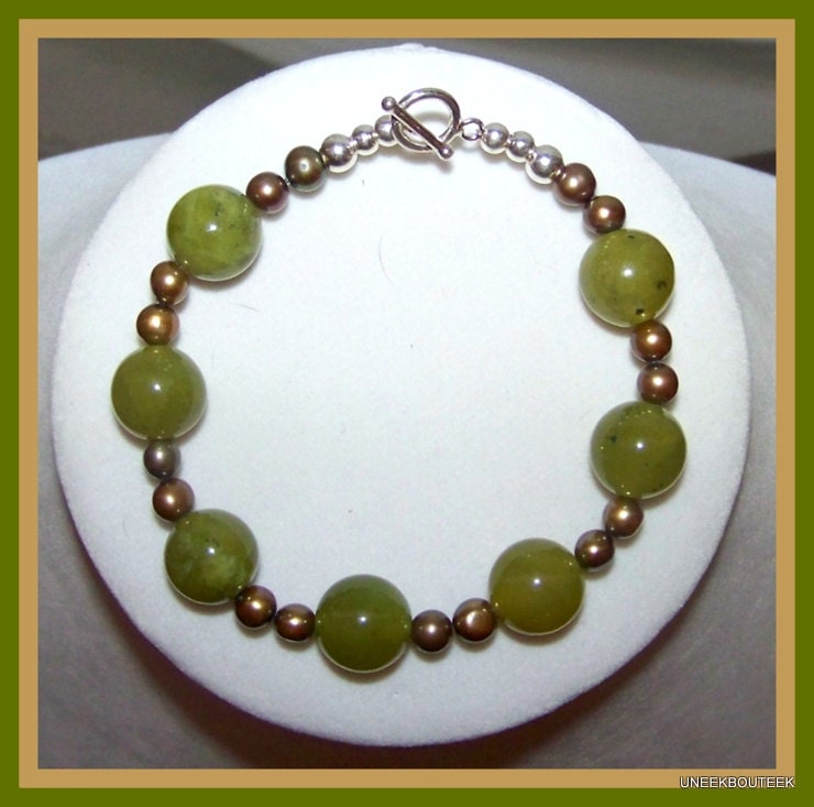 Korean Green Jade & Pearl "PROSPERITY" Bracelet - South Seas Pearls - 2013 Color - Matching Necklace - Birthstone - Summer Beachwear - OOAK