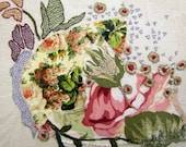 FLOWERS BLOOM, hand embroidery, mixed media, wall hanging, wall decor, fiber art, OOAK