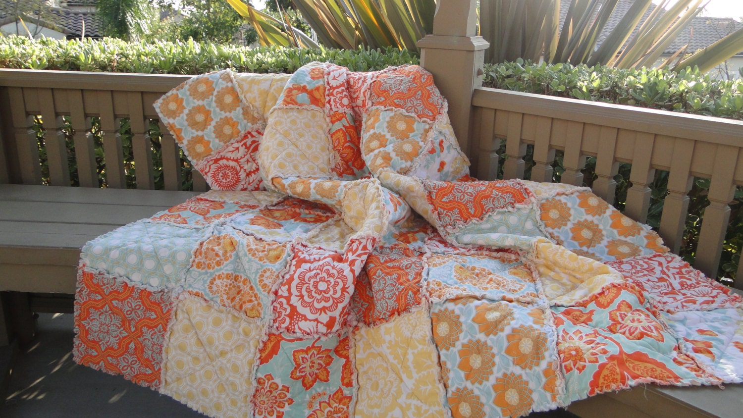 Picnic Rag Quilt, Joel Dewberry's Heirloom in Citrine Collection, tangerine, orange, yellow, blues and greens