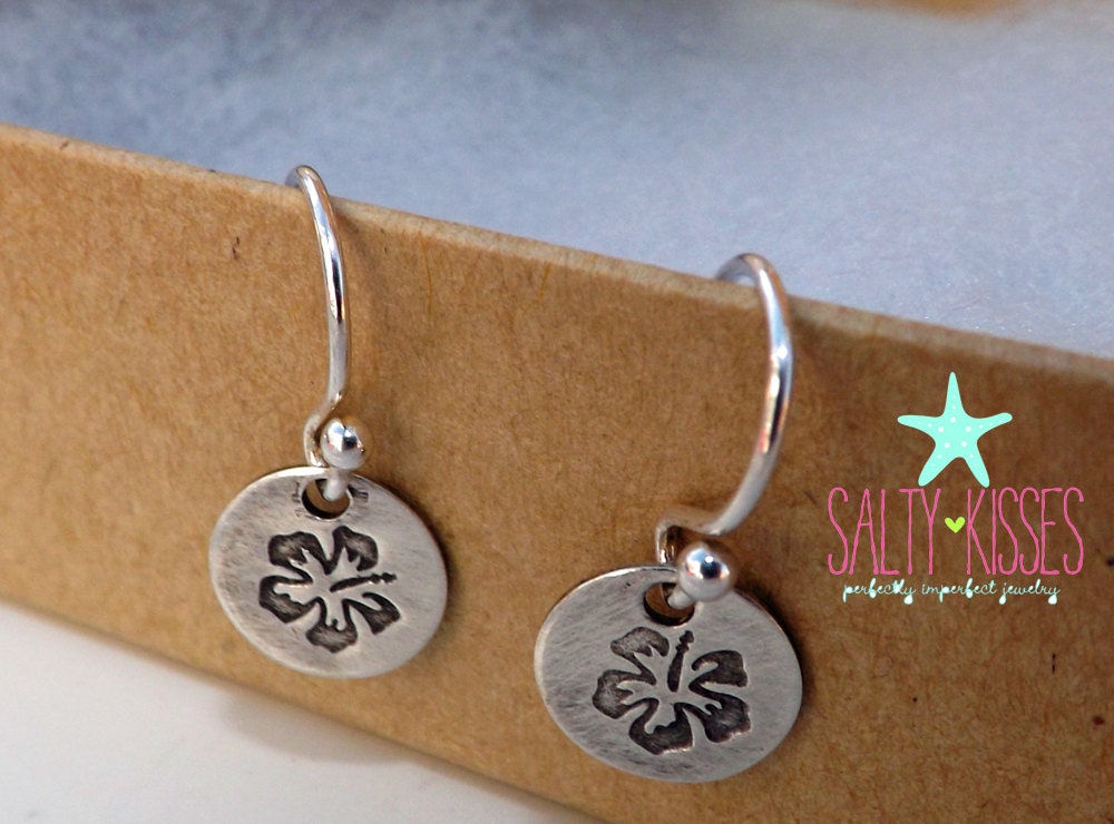 Sterling Silver hand stamped Hawaiian Hibiscus flower drop dangle earrings - tropical - summer - island