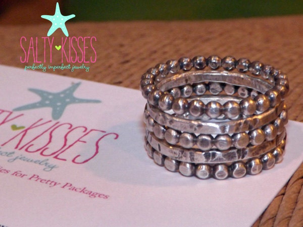 Sterling silver beaded polka dot stacking ring set of 5 with hammered bands bold chunky wide statement jewelry stackers