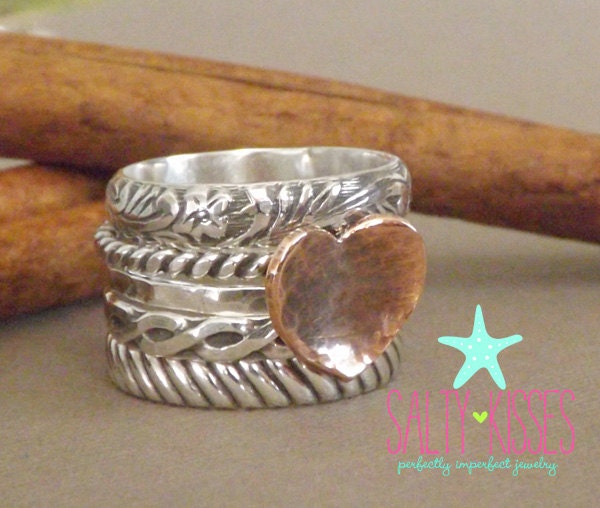 Romantic sterling silver and copper ring stack....set of 5 Rustic organic hammered heart with wide twist floral pattern stackers stacking