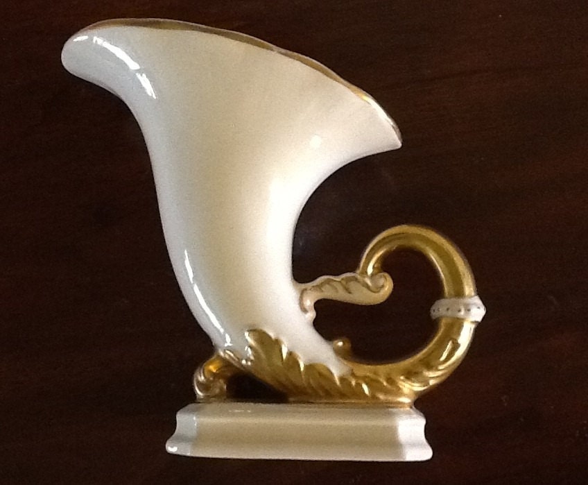 Vintage Cornucopia Vase - White with Gold Cornucopia Vase Circa 1940s
