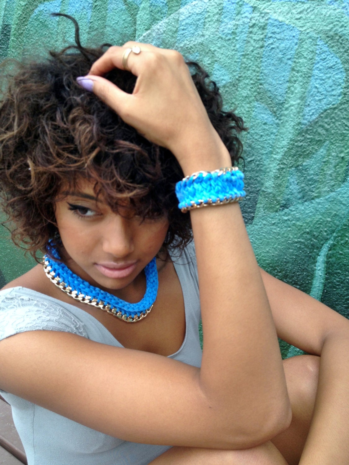 Cyan blue handmade knitted upcycled t-shirt yarn gold chain bracelet