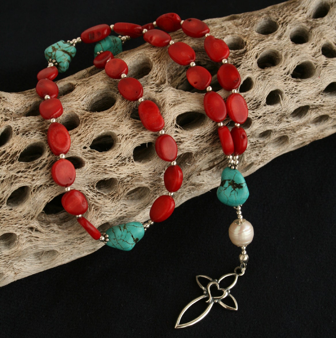 ON SALE - Anglican Prayer Beads Bamboo Coral and Howlite with Sterling Silver - 10% OFF