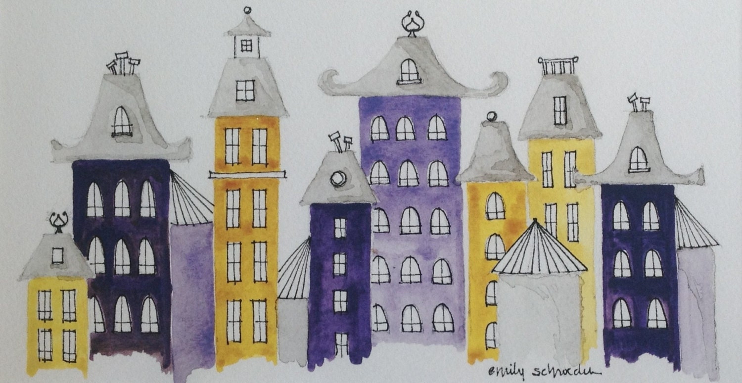 Purple and Yellow City, watercolor and ink buildings, houses, whimsical rooftops, village illustration, small print of original painting