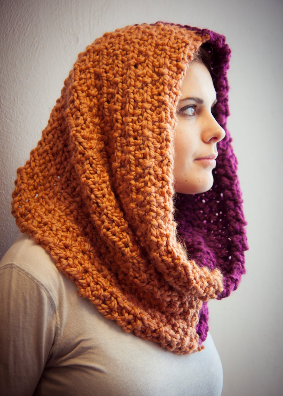 Oversized Knitted Cowl, Two Toned Purple and Orange Cowl, Cozy Scarf, Chunky Infinity Scarf, Winter Wear - EmbraceTheLamb