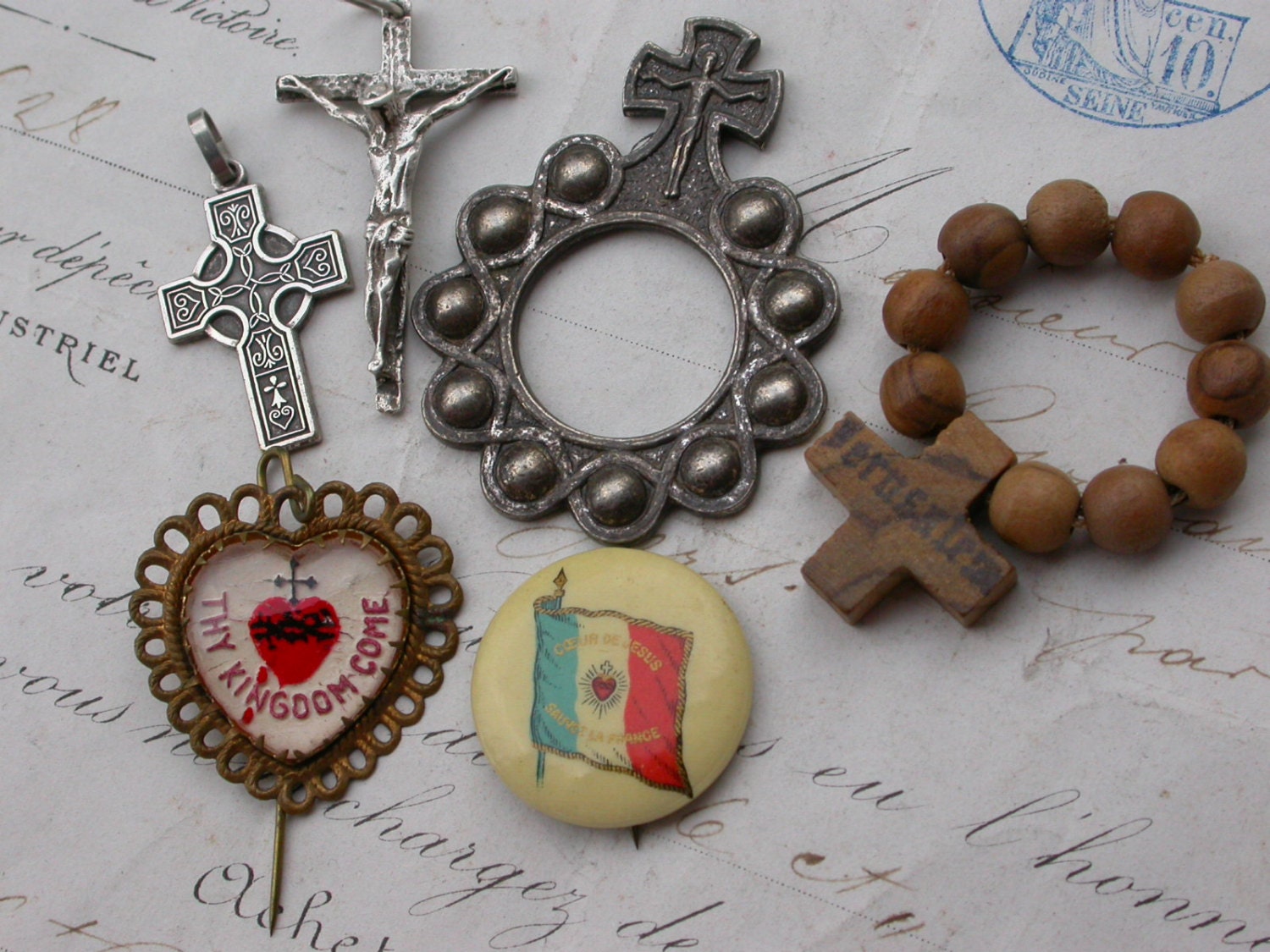 lot 6pcs antique religious medals cross crucifix  bronze gold heart brooch pin heart of jesus kingdom wood cross