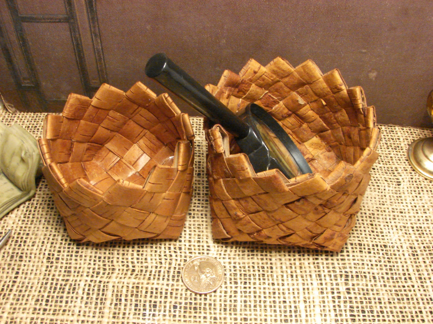 Vintage Swedish Set of 2 handwoven birch bark basket boxes Rustic container Home decor Cottage decor