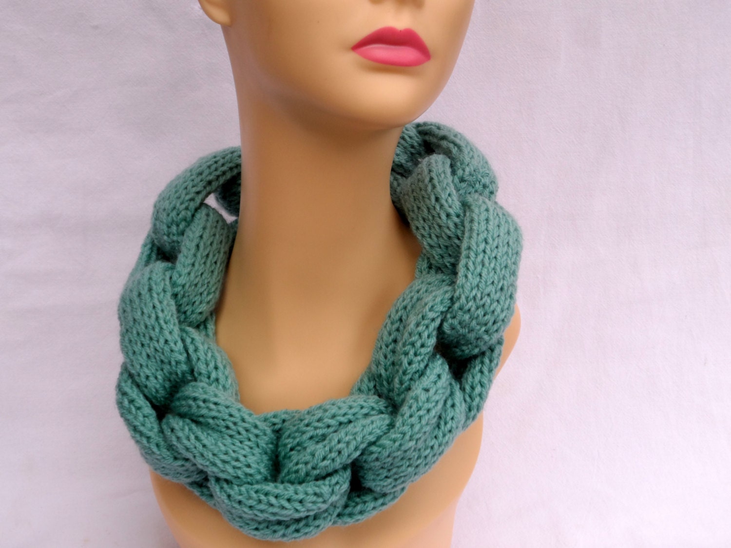 Knitted Chain Link Cowl Necklace Hand Knit Chain Scarf Mint Color Spring Fashion
