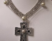 Rhinestone Necklace, Cross, Pearls, Chains,Statement Necklace, OOAK, Swarovski Crystals, Unique, Vintage Inspired, Art Deco