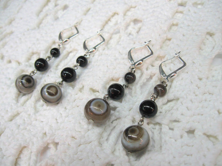 Agate Eye Earrings, Black and White Stripy Earrings, Dangling Balls, Gemstone Jewelry OOAK