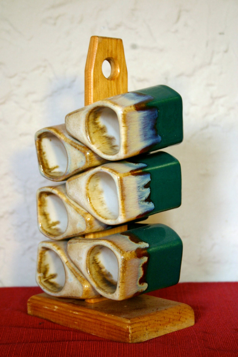 Vintage Six Piece Stacking Set of Podilla Cups Mugs with Wooden Stand
