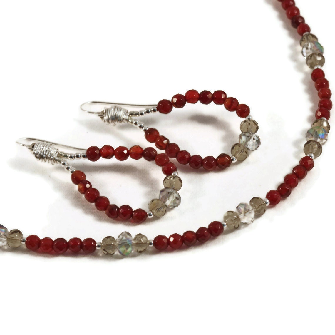 Ruby colored agate and crystal teardrop earring and necklace or bracelet set, multipurpose jewelry, gemstone jewelry
