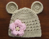 Baby Girl Crochet Hat with Ears, Bear Hat, Newborn Photo Prop, Girl Boy Beanie, Pink Flower. Infant, Knit Like Animal Cap, Tan Brown Beige