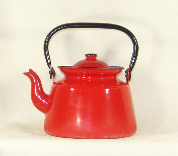 KETTLE  - Red Enamel French Vintage Kettle with black handle