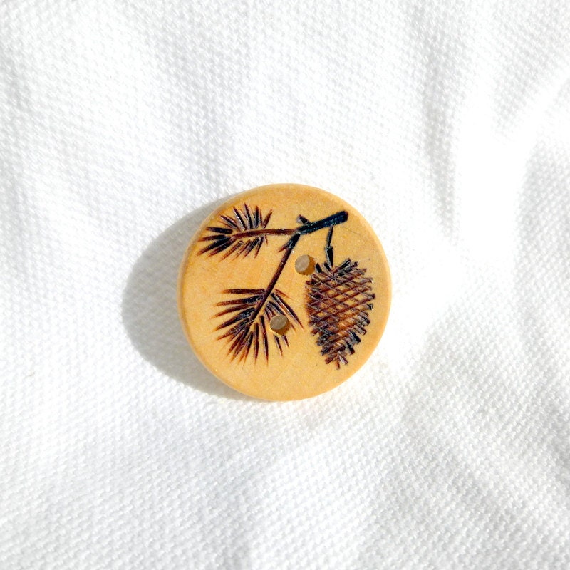 2- Hand Burned Buttons, Wooden Button with Pyrography, Woodland/ Rustic/ Forest/ Pine Cone, Tree Branch for Textiles and Jewelry