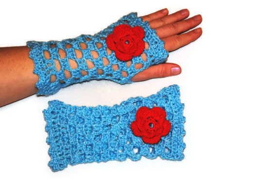 Crochet blue mittens with red flower,Romantic arm warmer, Fingerless gloves, handmade crochet, Winter accessories, ready to ship