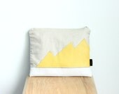 Linen and leather clutch, summer purse, yellow mountain clutch