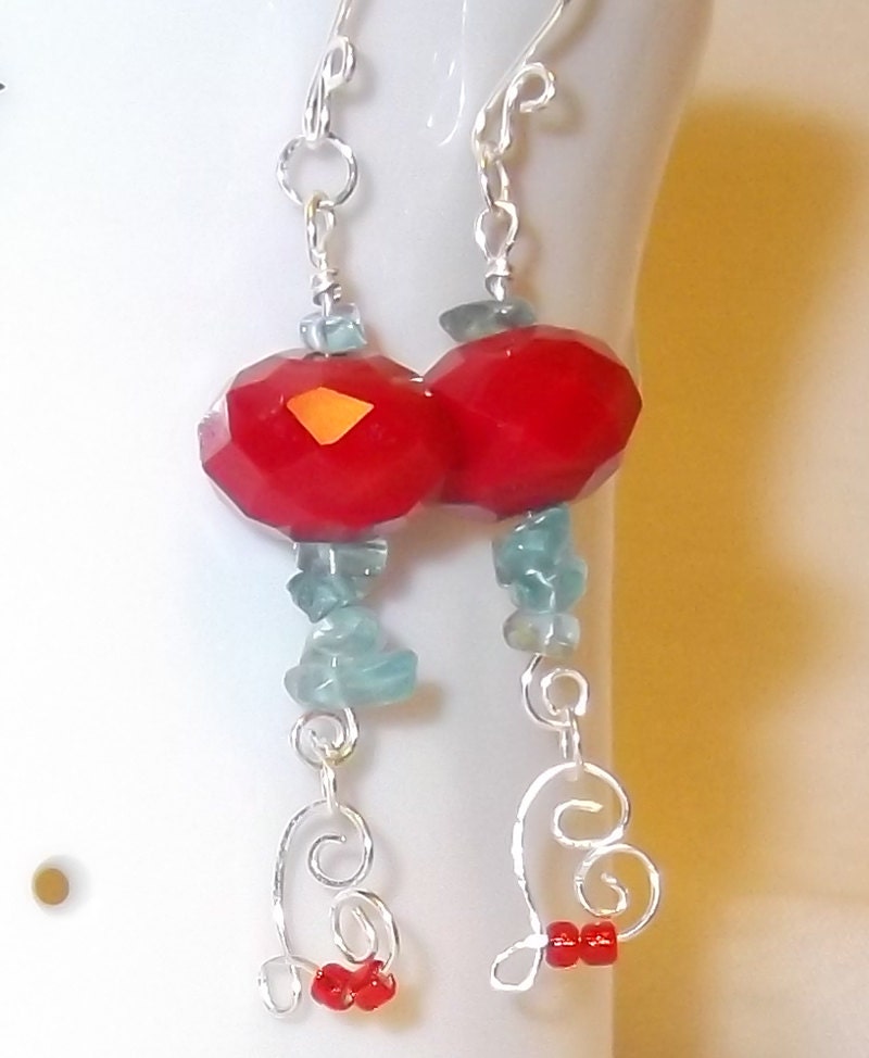 Heart dangle earrings Red & aqua Apatite gemstone earrings Wire wrap dangle earrings Gemstone earrings Beaded jewelry Women's gift