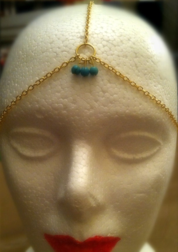 Gold hair chains, gypsy headpiece, gold and turquoise headdress. Head chains, hair jewelry, hippie boho hair chains. Bridal hair jewelry.