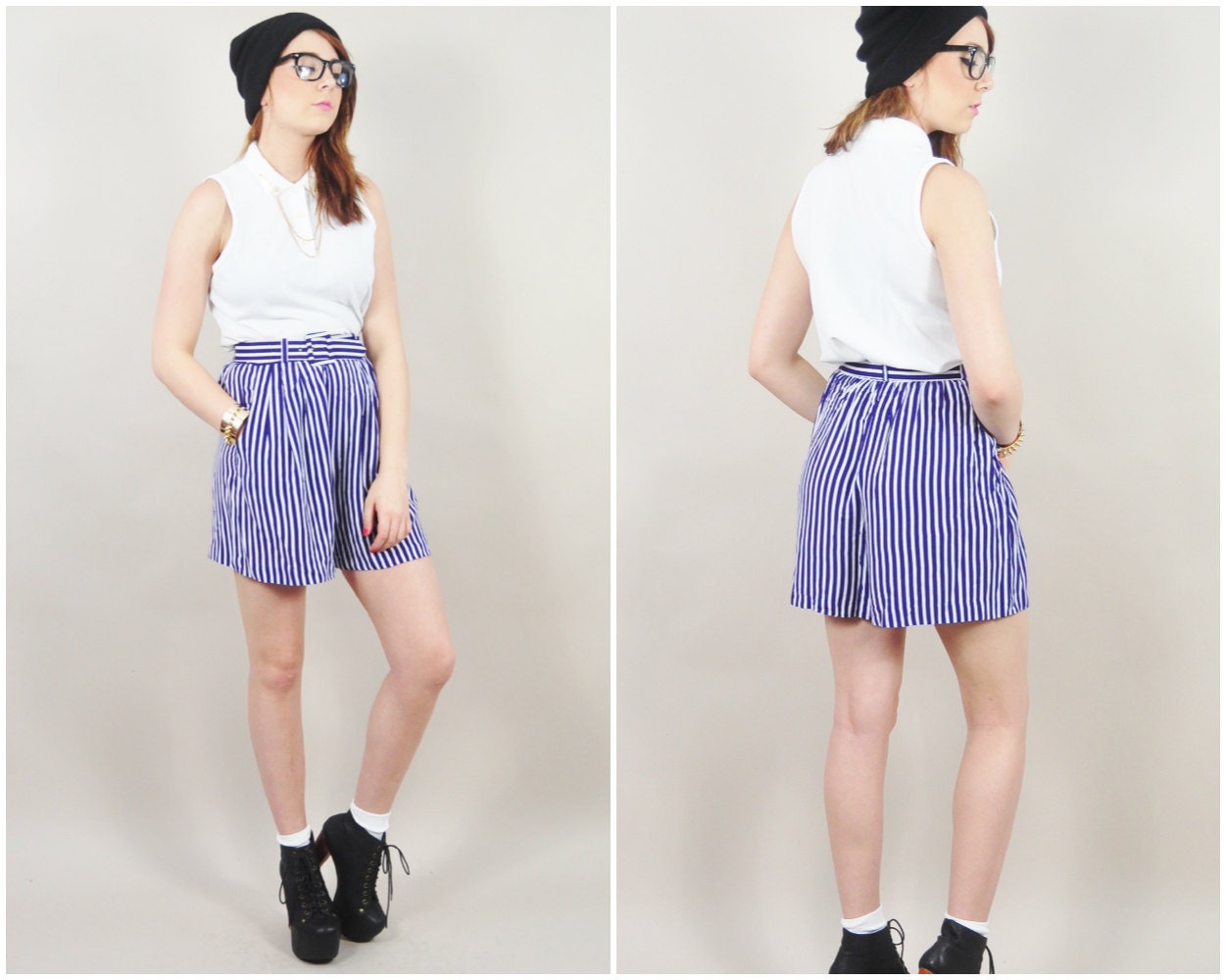 vintage 80s draped navy & white STRIPED high waist belted nautical preppy summer beach shorts