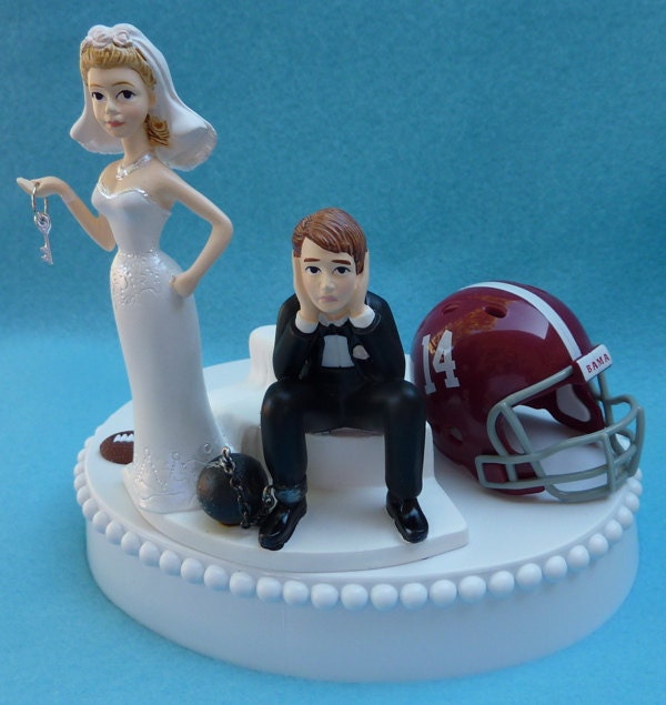 Wedding Cake Topper University of Alabama Crimson Tide Roll Football Themed Ball and Chain Key w/ Garter, Display Box