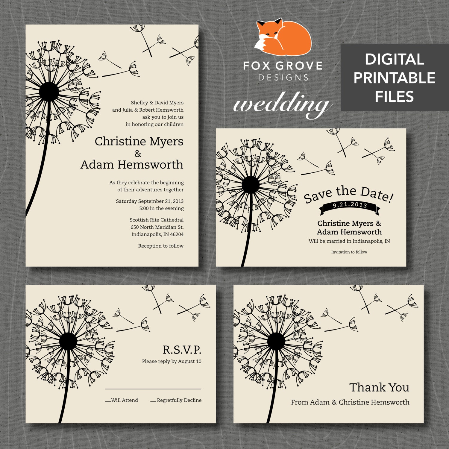Wedding Suite: Invitation, RSVP, Save the Date, Thank You / "Dandelion" / Customizable, Printable Digital Files / Printing Available in U.S.