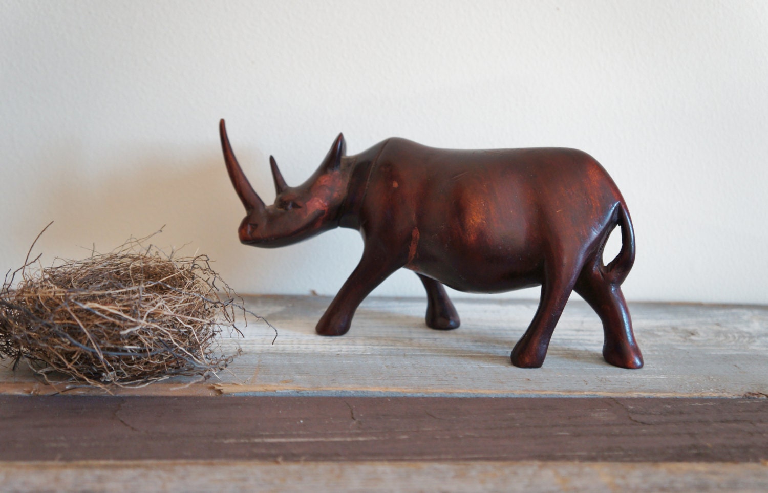 Vintage Hand Carved Wood Rhino Great Detail African Victorian Style