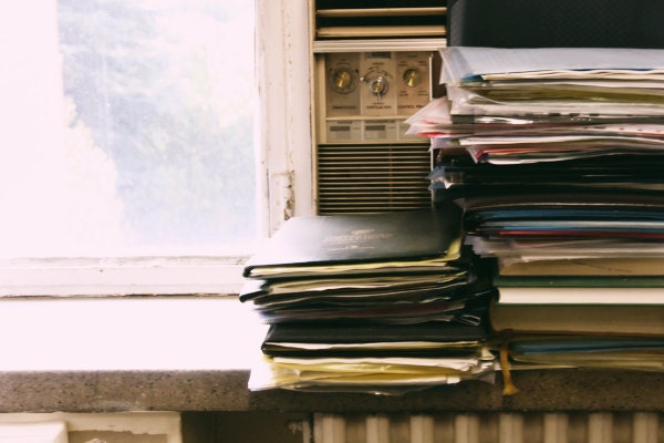 Book Photography 8x10 Fine Art Print - Piled Files and Books By Window, Reading Photography, Dark Green and Pink Tones - Library, Home Decor