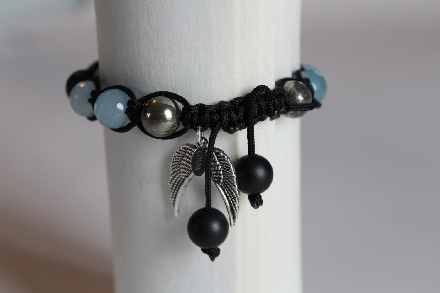 Jade/pyrite/onyx shamballa bracelet with wings