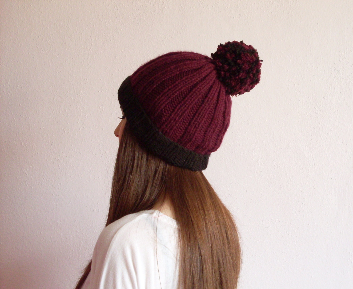 Black ,Burgundy Slouchy Pom Pom Beanie,Slouchy Hat For Man and Woman