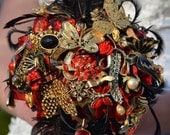 Brooch Bouquet - Vintage Jewelry, Heirloom, Keepsake Wedding Bouquet. Red, Black, Gold. Large Bouquet.