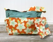 READY TO SHIP Orange and teal flowered/bird print adorable diaper bag and changing pad