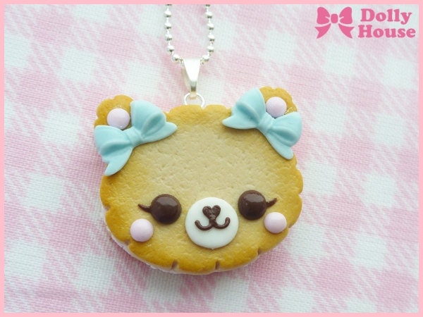 Cookie Bear With Blue Bows  Necklace by Dolly House