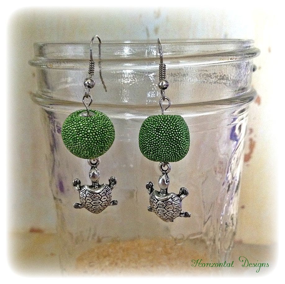 Green Turtle Drop Earrings, Silver Turtle Charms, Green Vintage Style Bead, Beach Ocean Earrings