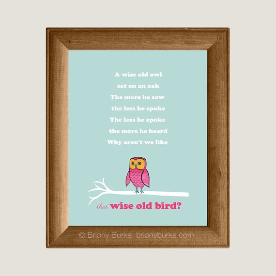 Wise Old Green Pink Aqua Owl Bird Quote 8 x 10 Art Print/Wall Art - Boy Girl Baby Nursery House & Children's Room Decor
