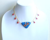 Polymer Clay Original Blue Red Choker Necklace With Red Coral Beads and Golden Pearl Dangles
