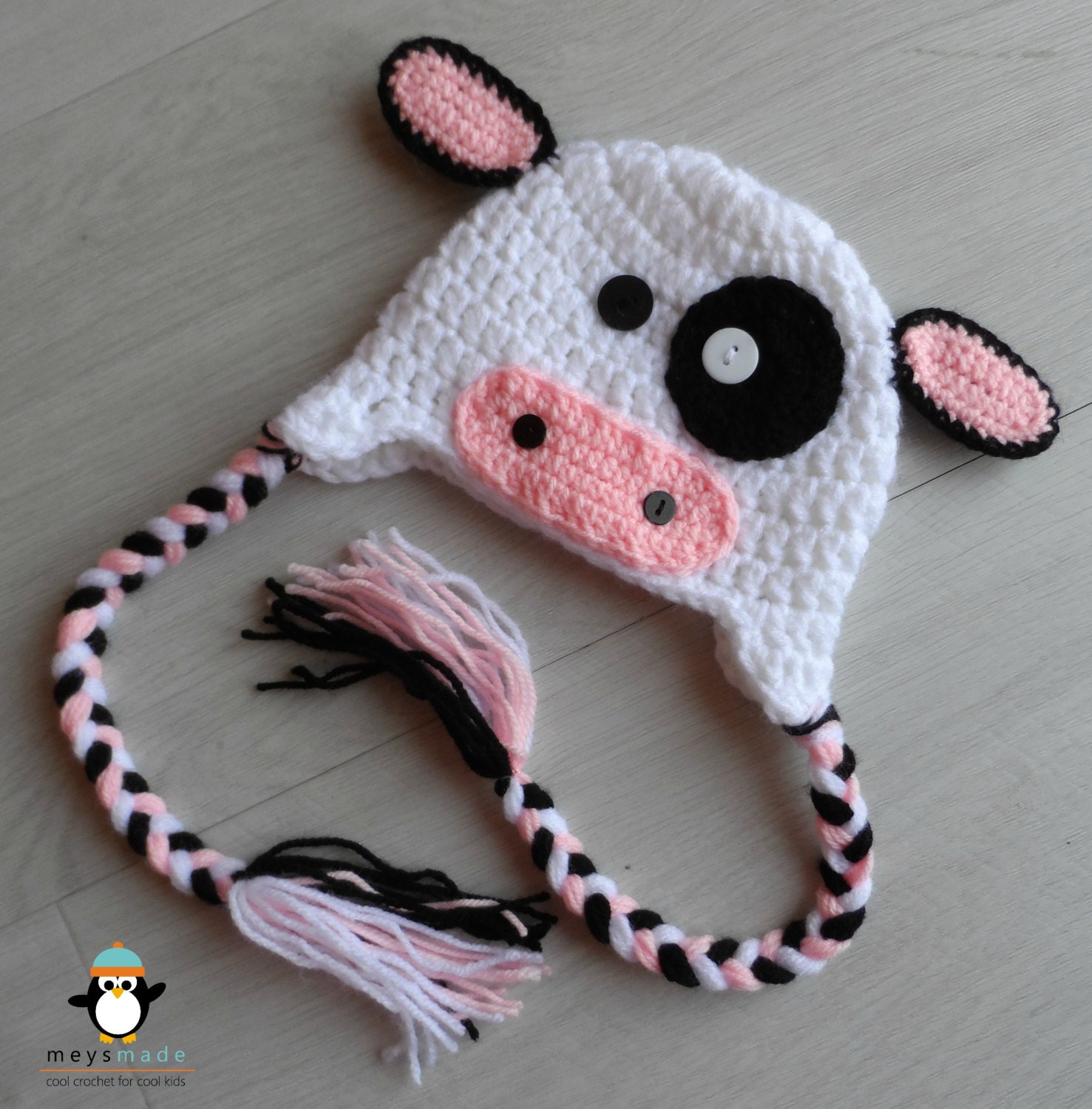 Crochet Cow Earflap Beanie / Hat / Cap for Baby / Child / Photo Prop - Acrylic & unique wooden button - Custom Handmade