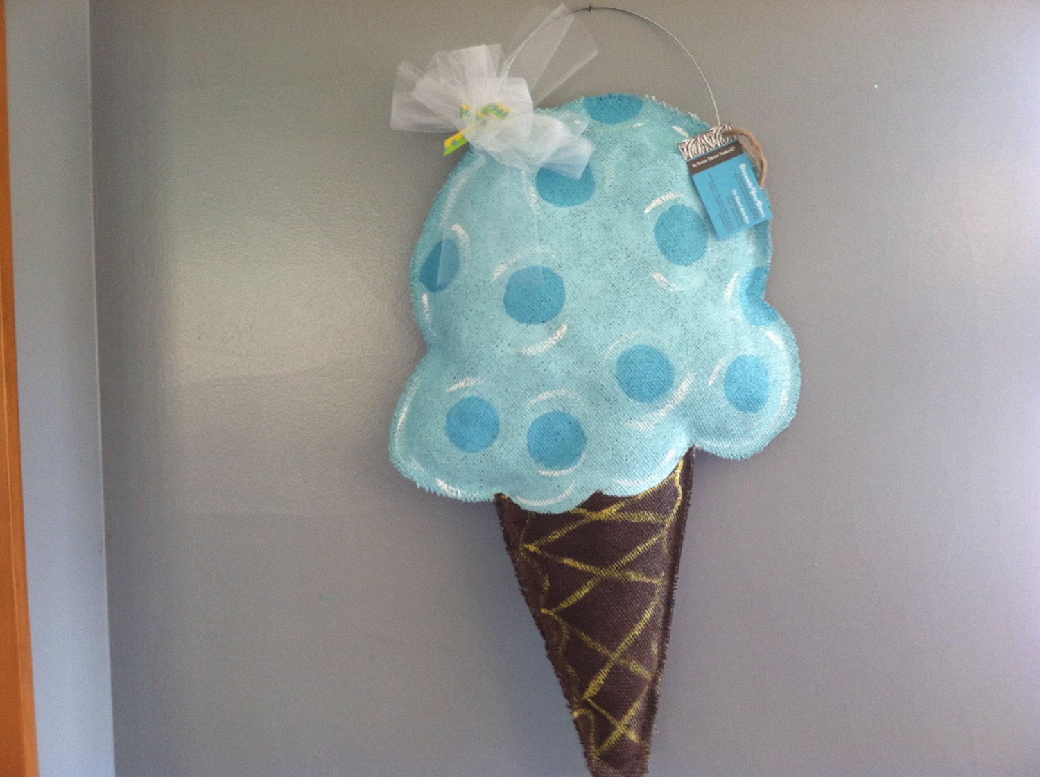 Pink or Blue Polka Dot Ice Cream Cone Burlap Door Hanger