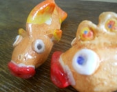 Ceramic Pottery Handmade Pair of Fancy Orange Fish with Red Lips