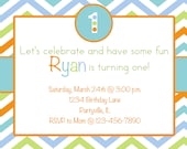 Chevron First Birthday Party Invitation Orange, Green, Blue Printable