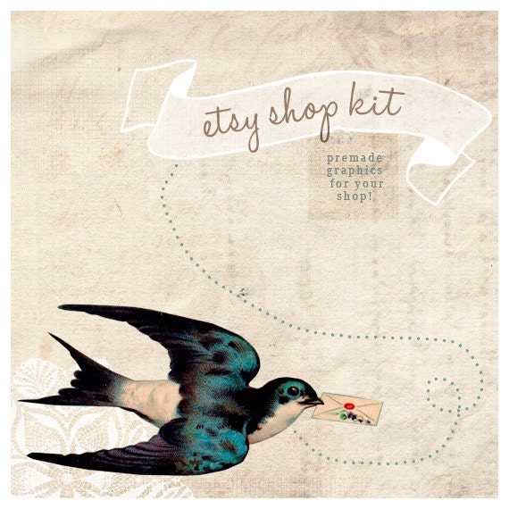 etsy shop kit - banner, avatar, and listing graphics - vintage bird with message